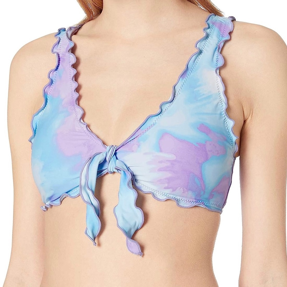 pastel tie-dye tie front lettuce hem bikini top